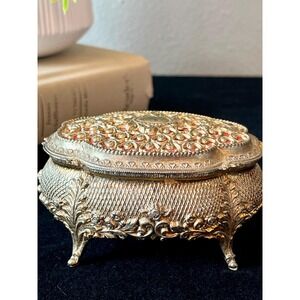 Vintage Gold Tone Filigree Jewelry Box Red Velvet Floral Footed Trinket Box